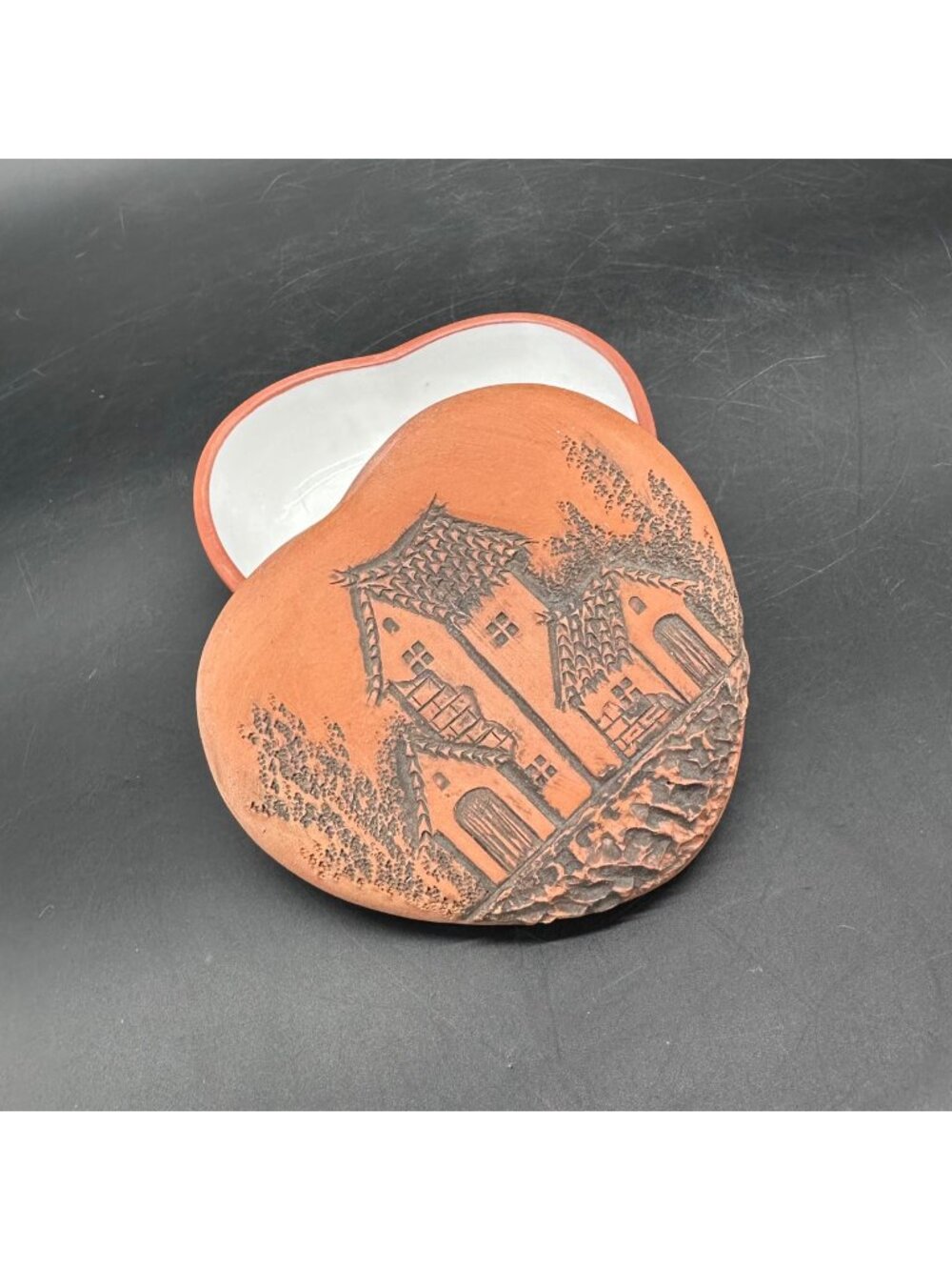 Vintage Heart Trinket Dish Cottage Houses Bolivia Terra Cotta Pottery Handmade